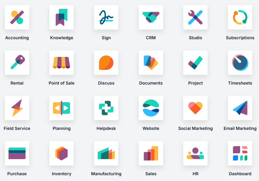 Odoo ERP application modules for managing sales inventory finance and operations